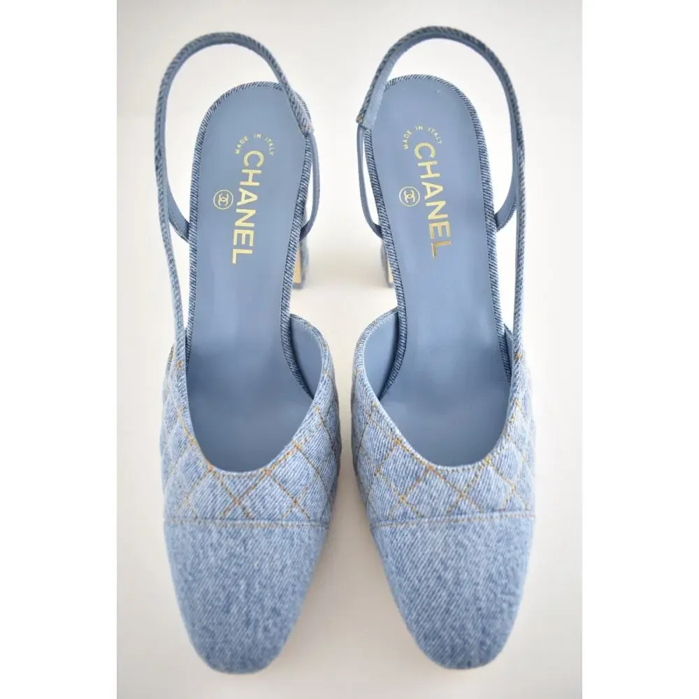 Chanel 26B Light Blue Denim Quilted Coco Sling Slingback Block Heel Pump 39.5c